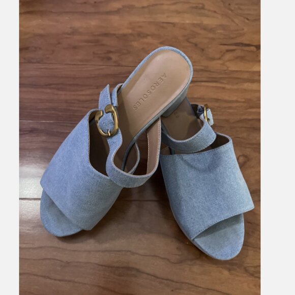 Aerosols Women’s 9 Wide Fit Denim Blue Gold Buckle Slip On Mule Block Sandal - Picture 2 of 7